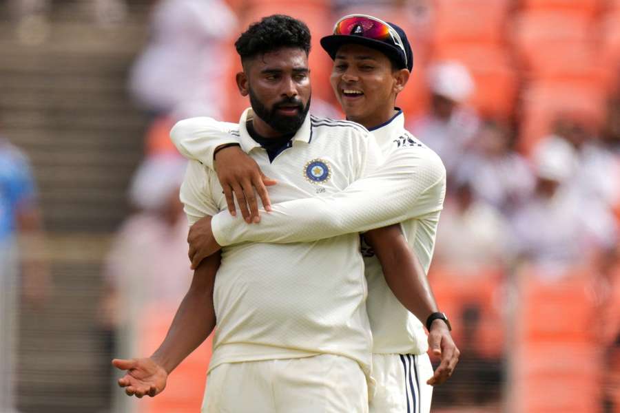 India's Mohammed Siraj (left) and Yashasvi Jaiswal celebrate the dismissal of West Indies' Brandon King