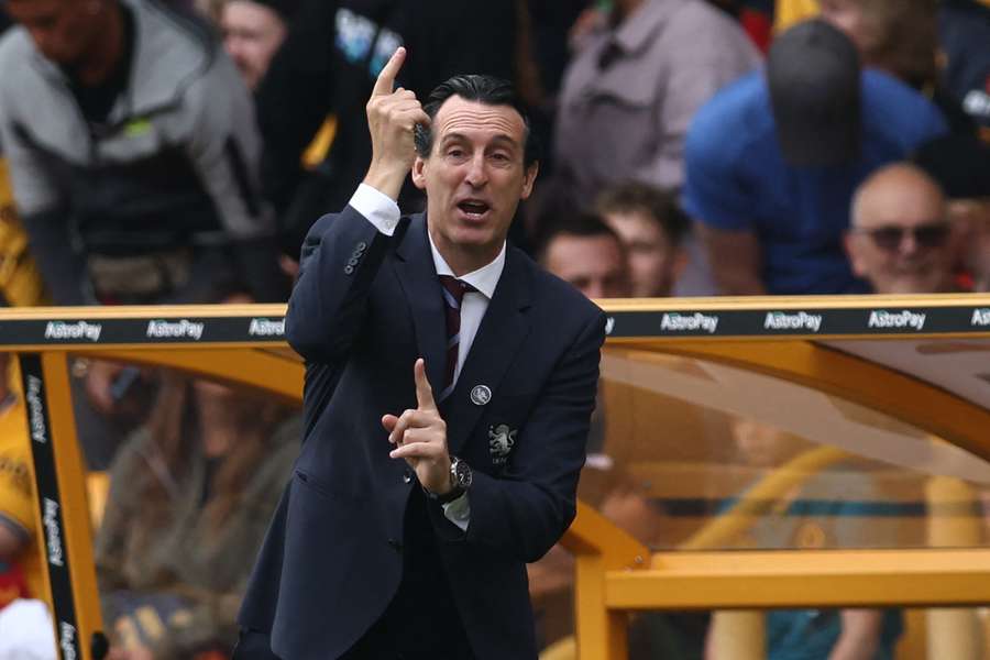 Aston Villa's Spanish head coach Unai Emery gestures on the touchline