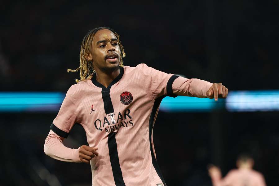 Paris Saint-Germain's French forward Bradley Barcola celebrates after scoring against Rennes