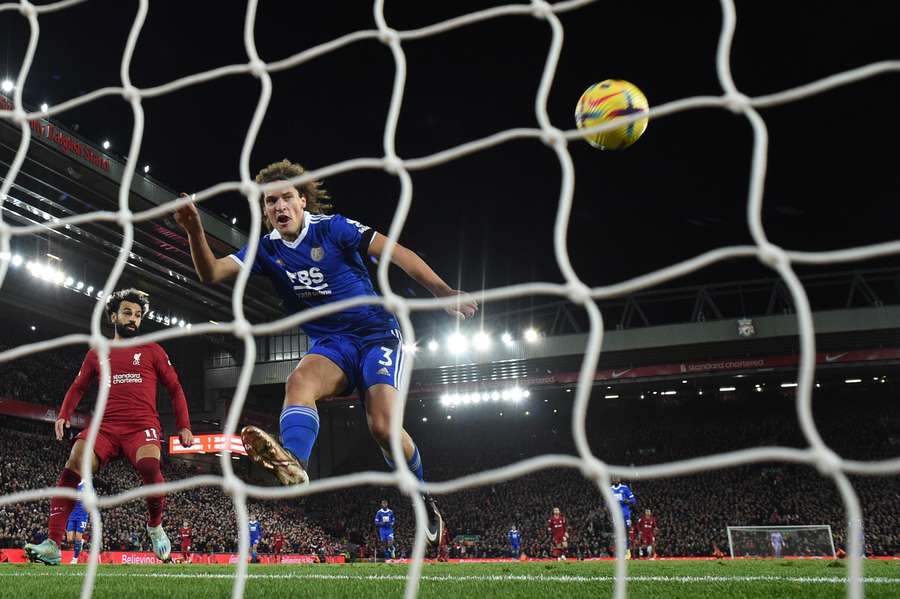 Wout Faes reacts as he scores his second own goal of the game