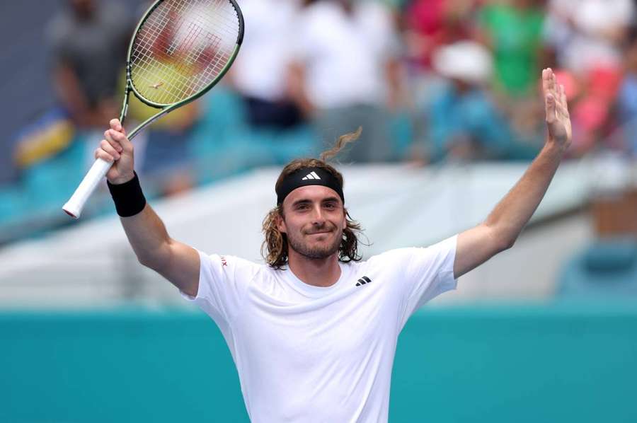 Stefanos Tsitsipas celebrates after his three set victory against Cristian Garin