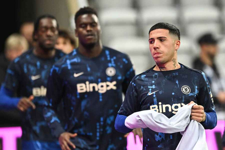 Enzo Fernandez of Chelsea warming up prior to the EFL Cup match with Newcastle