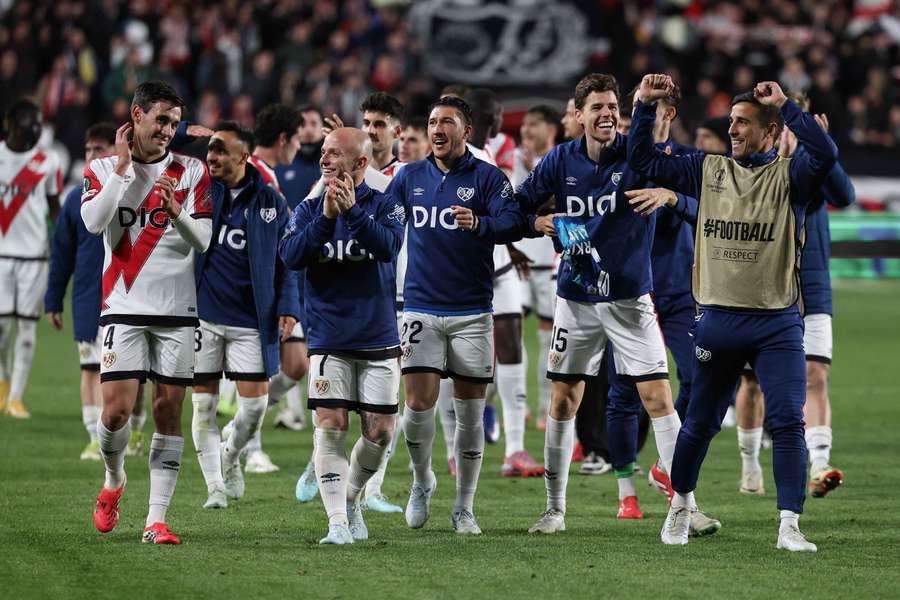 Rayo Vallecano celebrates with their fans after moving on in the UEFA Conference League. Rayo Vallecano celebrates with their fans after moving on in the UEFA Conference League.