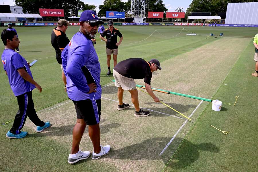 Bangladesh head coach Phil Simmons inspects the pitch on Wednesday morning. Bangladesh head coach Phil Simmons inspects the pitch on Wednesday morning.