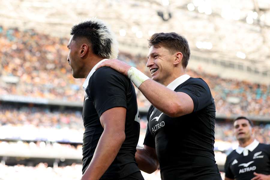 Rieko Ioane celebrates a try against the Wallabies in Sydney.