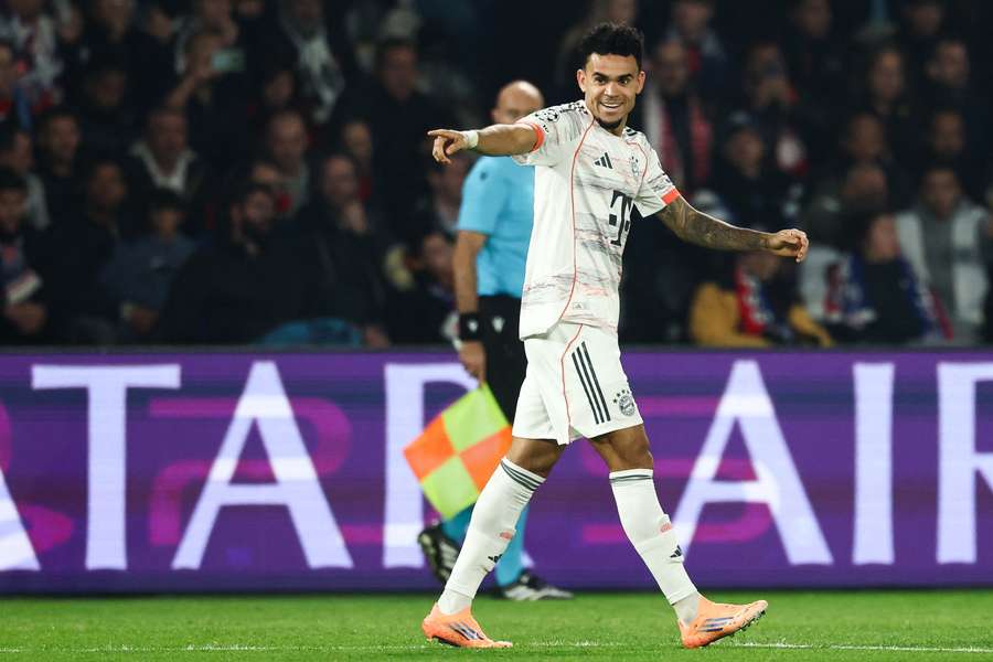 Bayern Munich's Colombian forward #14 Luis Diaz celebrates scoring his team's first goal Bayern Munich's Colombian forward #14 Luis Diaz celebrates scoring his team's first goal