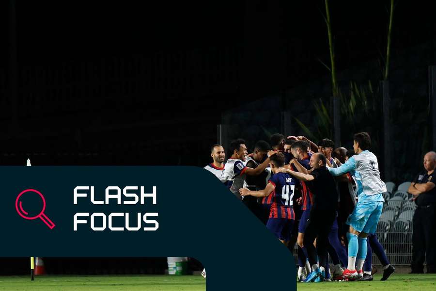 The Johor DT players celebrate Alvaro Gonzalez's goal