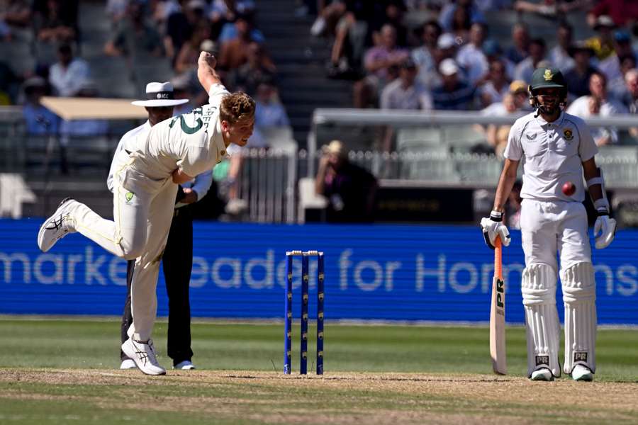 Australia's Cameron Green bowls during the first day of the second cricket Test match between Australia and South Africa 