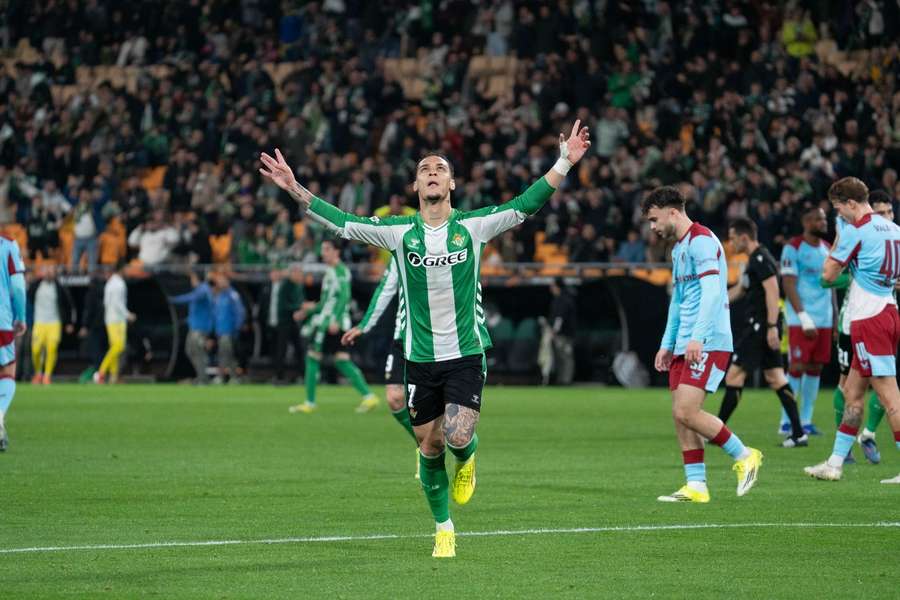 Real Betis striker Antony celebrates a goal against Feyenoord