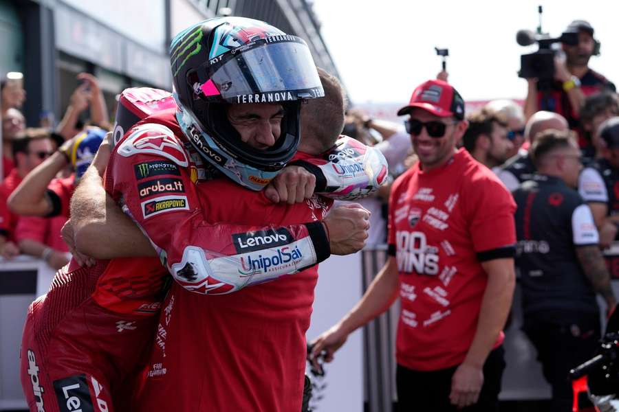 Enea Bastianini celebrates after winning the Emilia-Romagna MotoGP