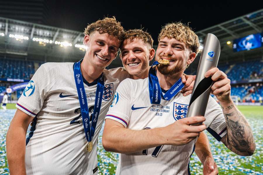 England U21 players pose with their trophy England U21 players pose with their trophy