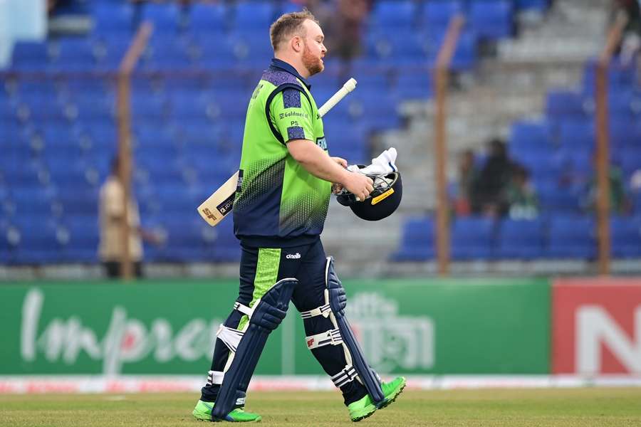 Ireland's captain Paul Stirling walks back to the pavilion after his dismissal