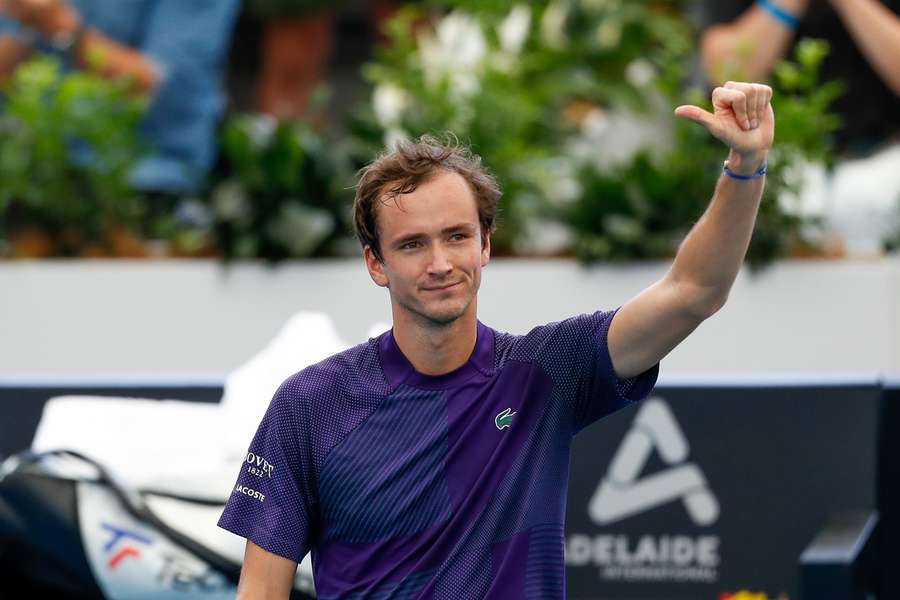 Daniil Medvedev gestures after victory in his match against Miomir Kecmanović