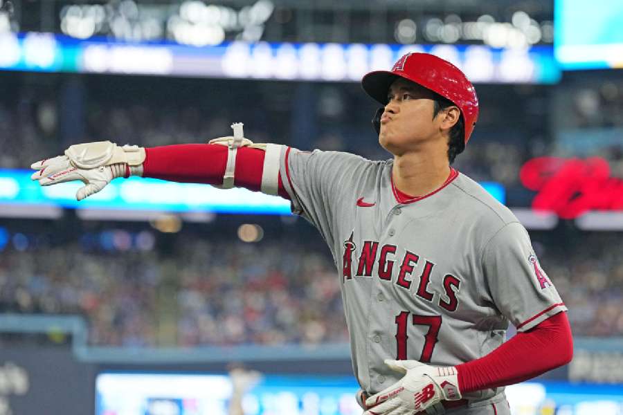 Los Angeles Angels designated hitter Shohei Ohtani reacts after grounding out against the Toronto Blue Jays