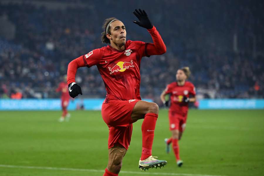 Yussuf Poulsen fejrer sit afsluttende mål i kampen. Yussuf Poulsen fejrer sit afsluttende mål i kampen.