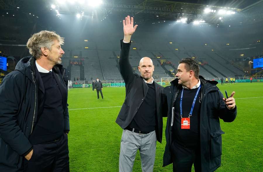 From left to right: Edwin van der Sar, Erik ten Hag, and Marc Overmars after Ajax's Champions League game against Borussia Dortmund in 2021