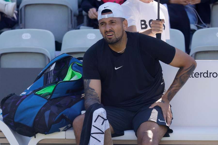 Nick Kyrgios of Australia reacts during his first-round match against Wu Yibing of China
