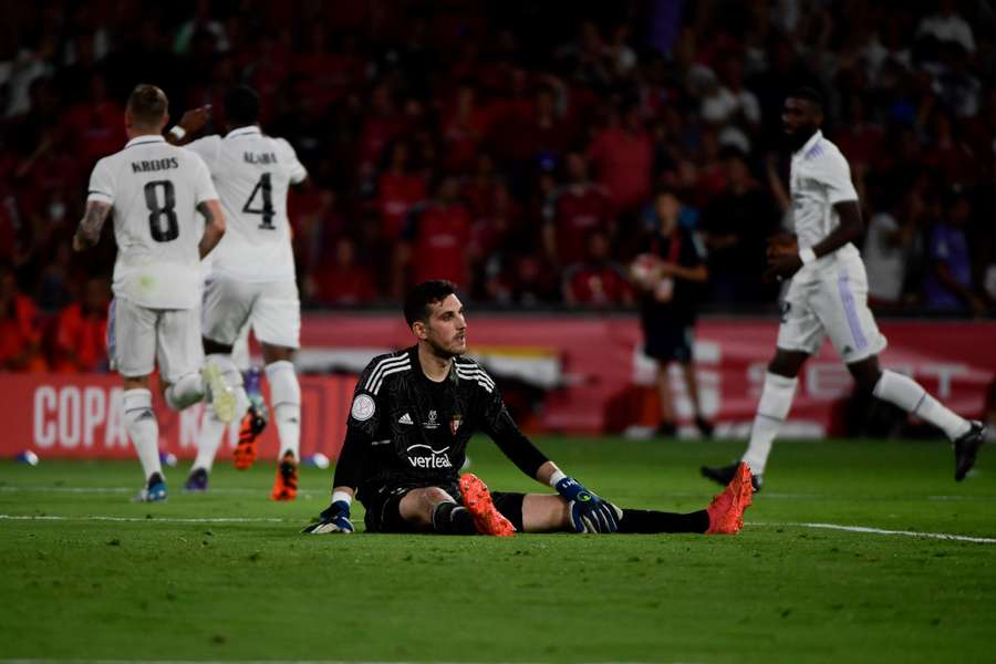 Osasuna's Spanish goalkeeper Sergio Herrera reacts after conceding