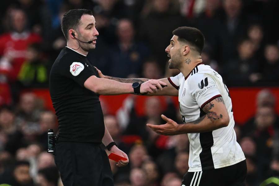 Fulham striker Aleksandar Mitrovic (R) is facing a lengthy ban after pushing referee Chris Kavanagh (L) 