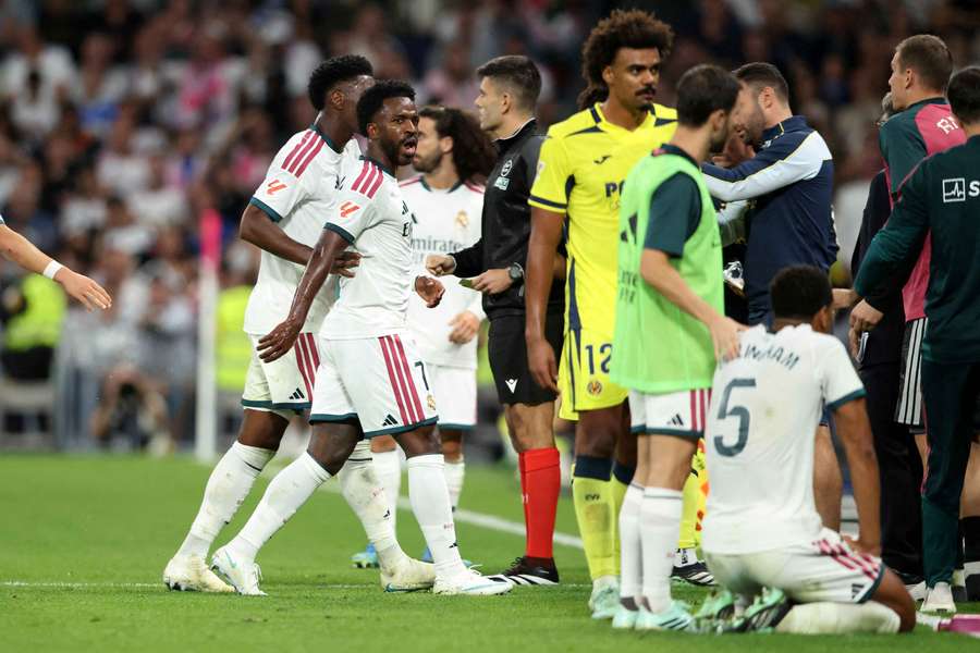 Real Madrid's Vinicius Junior reacts as he leaves the pitch