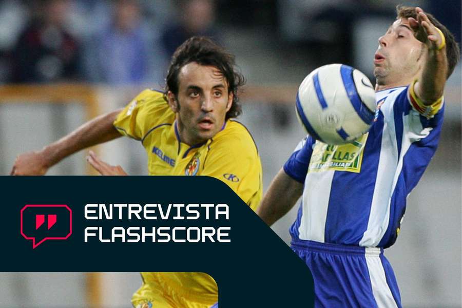 Quique Álvarez, ante Raúl Tamudo en un Villarreal-Espanyol