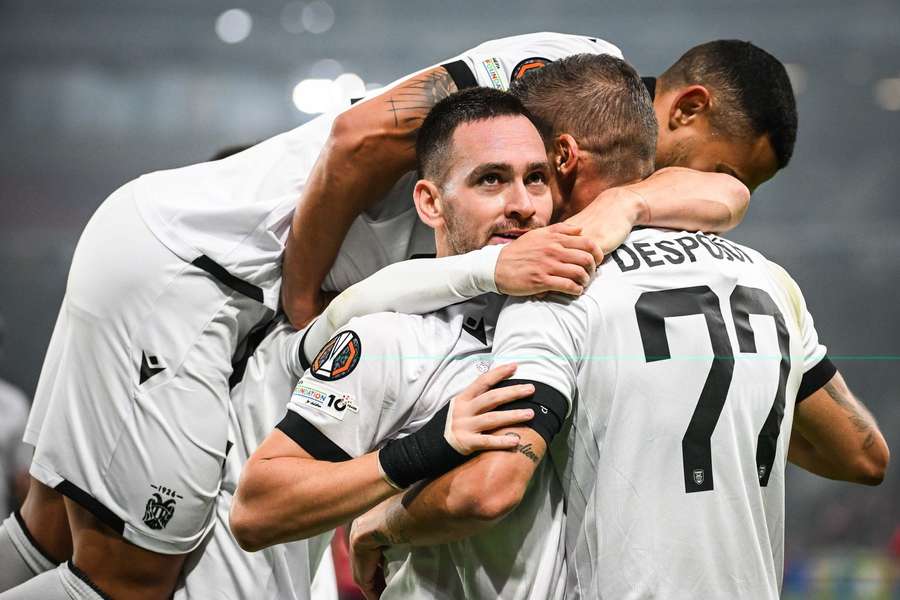 Andrija Zivkovic of PAOK celebrate his goal with teammates