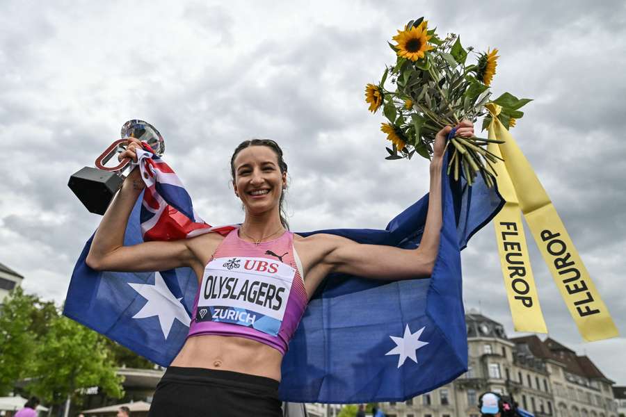 Australian high jumper Nicola Olyslagers poses for photographers after winning a Diamond League meeting in Zurich. 