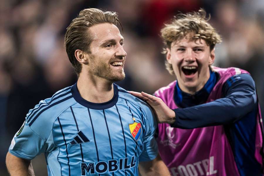 Daniel Stensson (left) celebrating scoring Djurgarden's second goal against Pafos