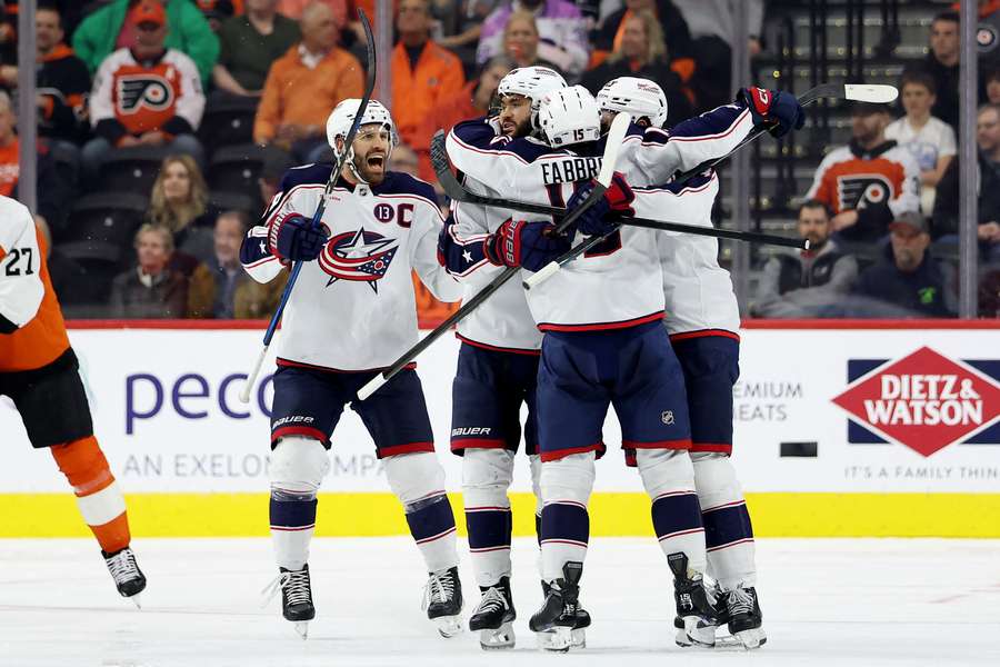 Blue Jackets player celebrating Dante Fabbro's goal against the Philadelphia Flyers