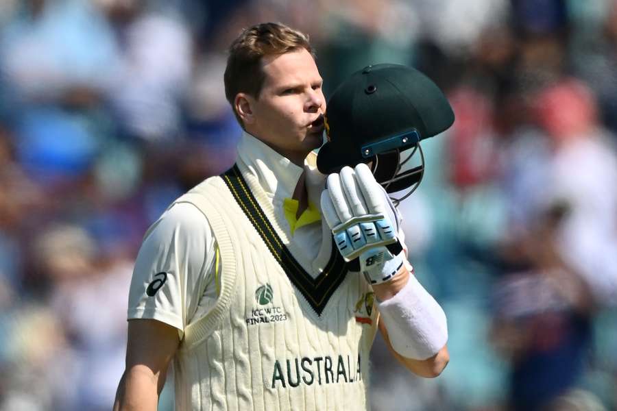 Australia's Steve Smith celebrates his century against India in the World Test Championship final at The Oval