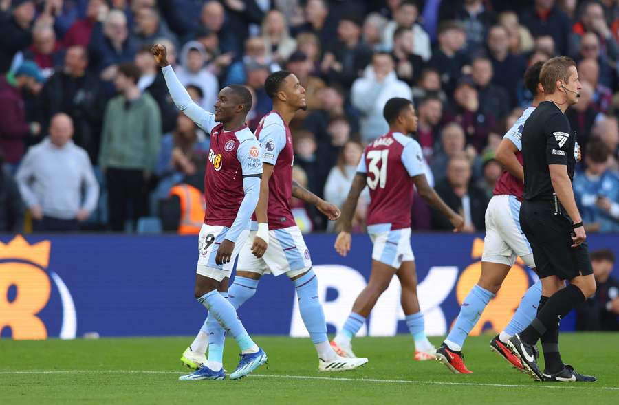 Moussa Diaby of Aston Villa celebrates after scoring the team's second goal