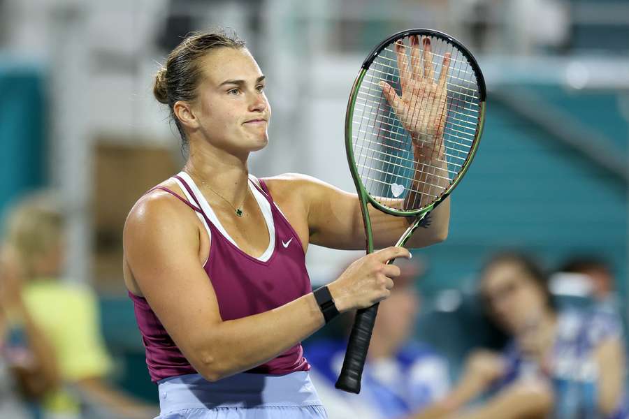 Aryna Sabalenka reacts after defeating Shelby Rogers of the United States