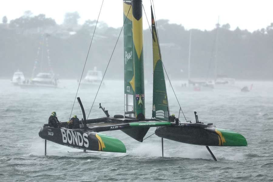 Tom Slingsby's Flying Roos power through the water in Auckland on Sunday.
