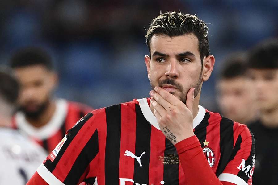 Theo Hernandez reacts after AC Milan were beaten by Bologna in the Coppa Italia final