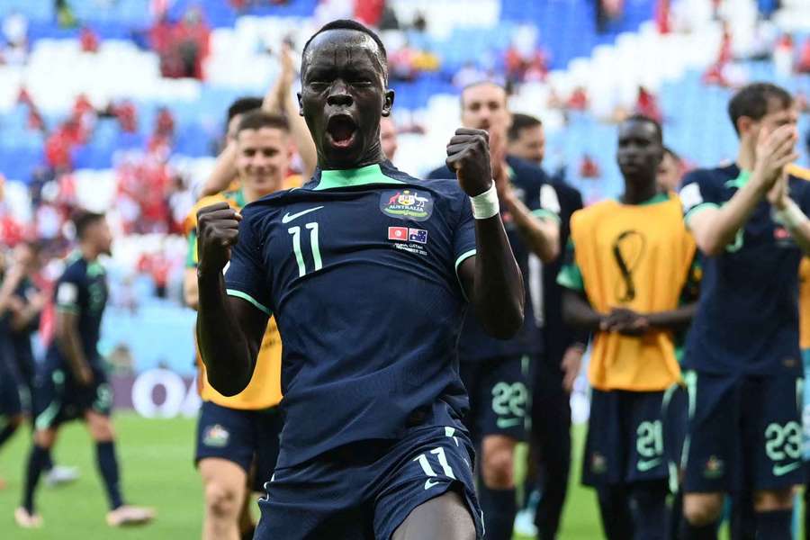 Australia's Awer Mabil celebrates during the 2022 World Cup