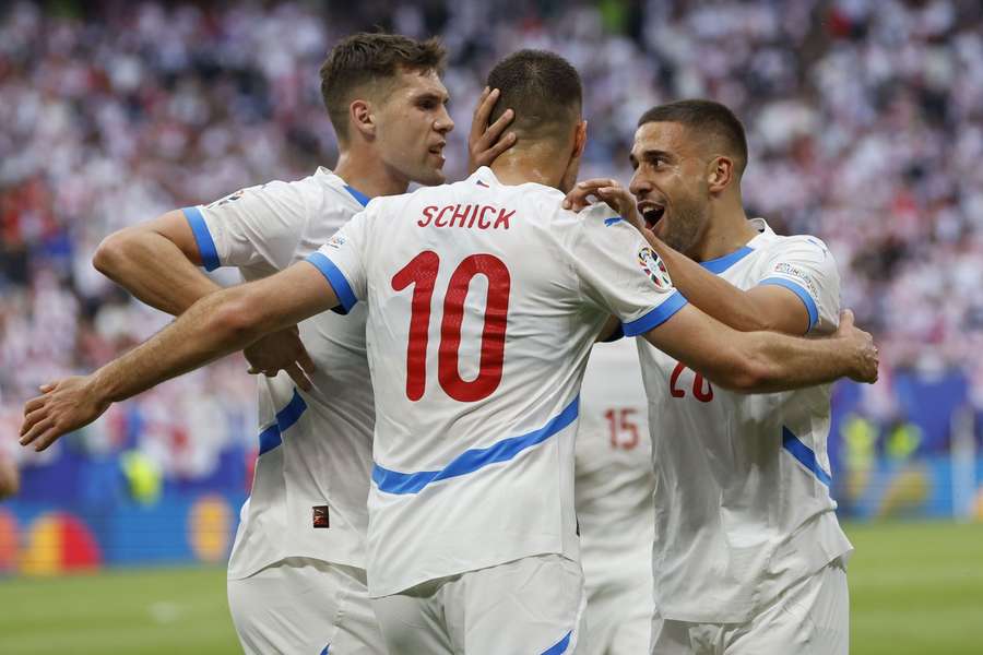 Czech Republic players celebrate their goal