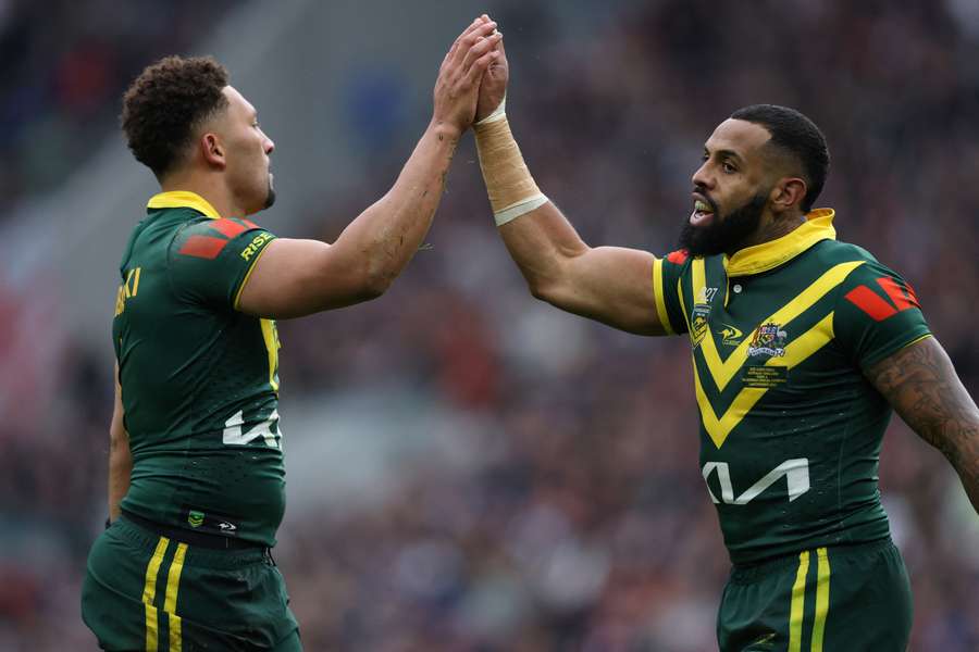 Gehamat Shibasaki and Josh Addo-Carr exchange a high five during Australia's 3-0 Ashes clean sweep.