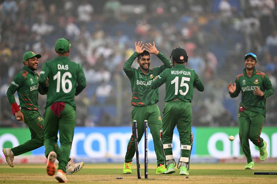Bangladesh's players celebrate against Sri Lanka