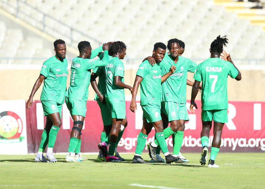 Gor Mahia players celebrate winning goal against Homeboyz at Kasarani Stadium.