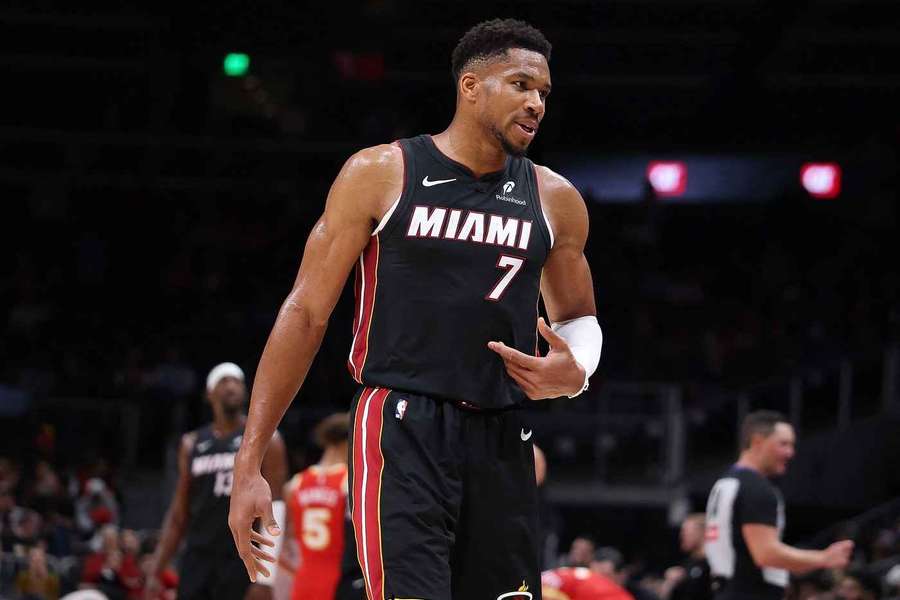 Miami Heat forward Giannis Antetokounmpo reacts during team's first win of 2026-2027 season Miami Heat forward Giannis Antetokounmpo reacts during team's first win of 2026-2027 season