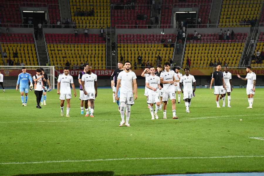 Qarabag celebrate their victory over Shkendija in the Champions League.