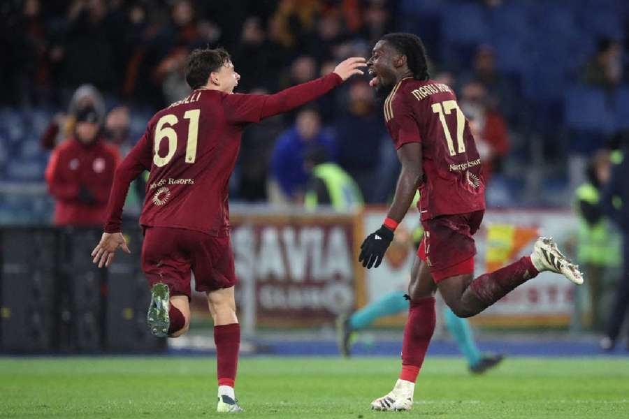 Manu Kone celebrates scoring his team's fourth goal 