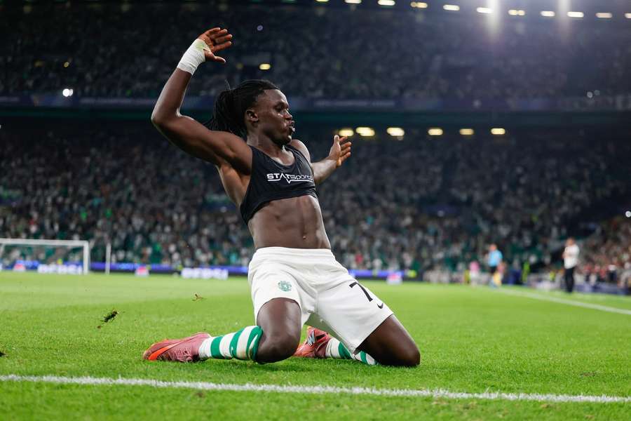 Sporting's Geovany Quenda celebrates a goal against Kairat