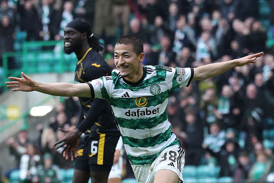 Daizen Maeda of Celtic celebrates scoring his team's second goal 