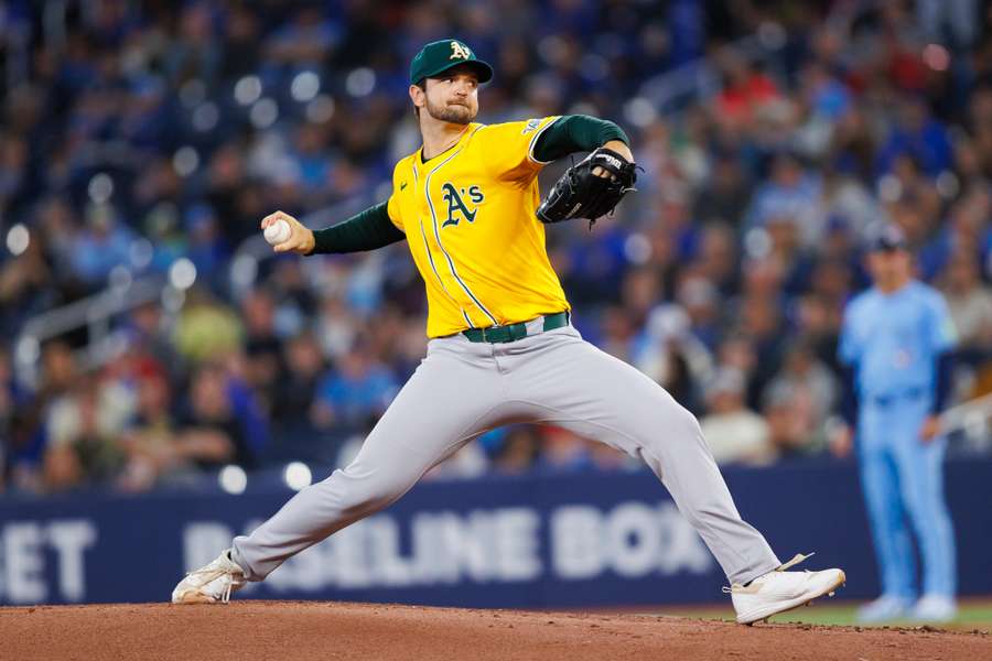 Athletics starting pitcher Gunnar Hoglund throwing a pitch against the Toronto Blue Jays (2025)