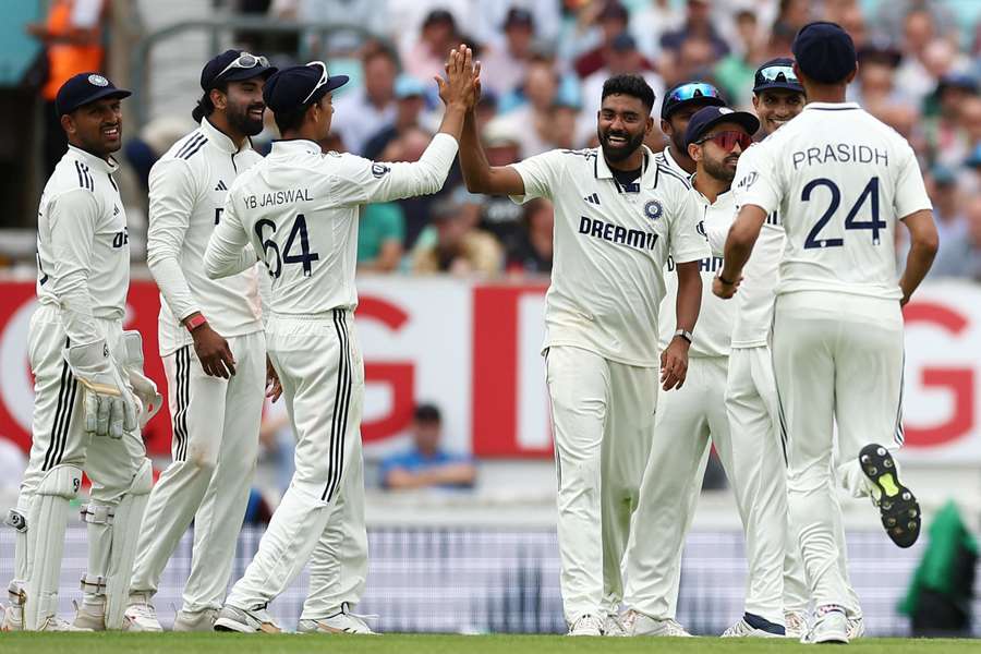 Mohammed Siraj celebrates a wicket for India