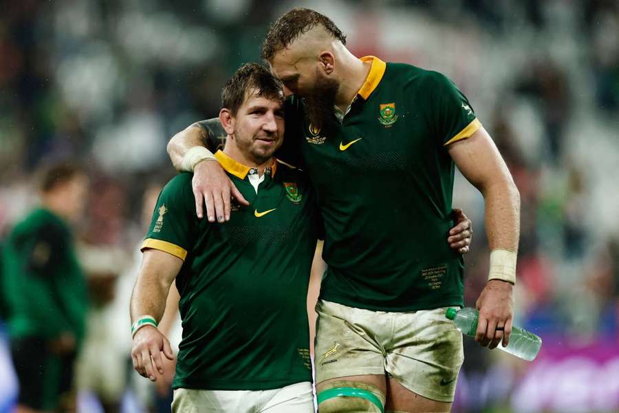 South Africa's Kwagga Smith and RG Snyman celebrate after the match as South Africa reach the final