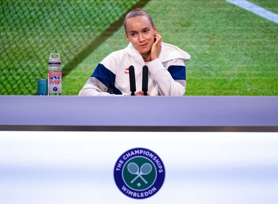 Elena Rybakina speaks during a press conference