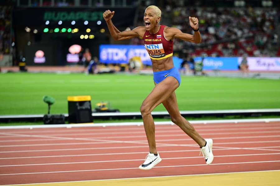 Venezuela's Yulimar Rojas celebrates winning in the women's triple jump final