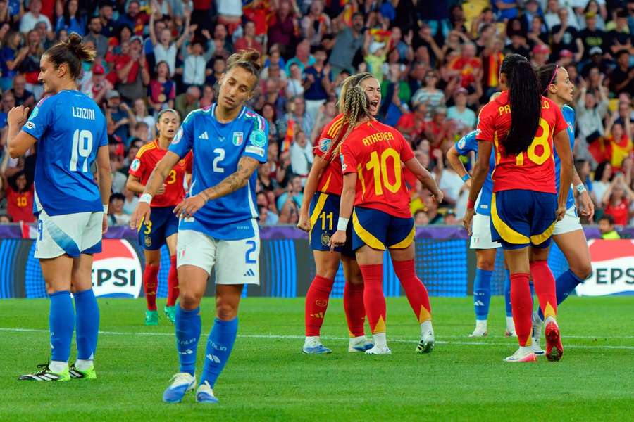 Spain's Athenea and Alexia Putellas celebrate a goal against Italy during the Women's European Championship